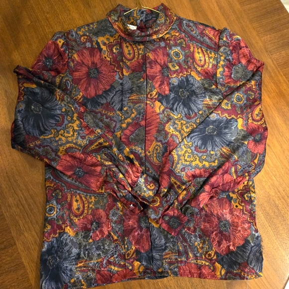 EJ Harprr Long Sleeve Blouse, Wine, Gold, Grey Flower Print, Size 12 - Picture 2 of 4